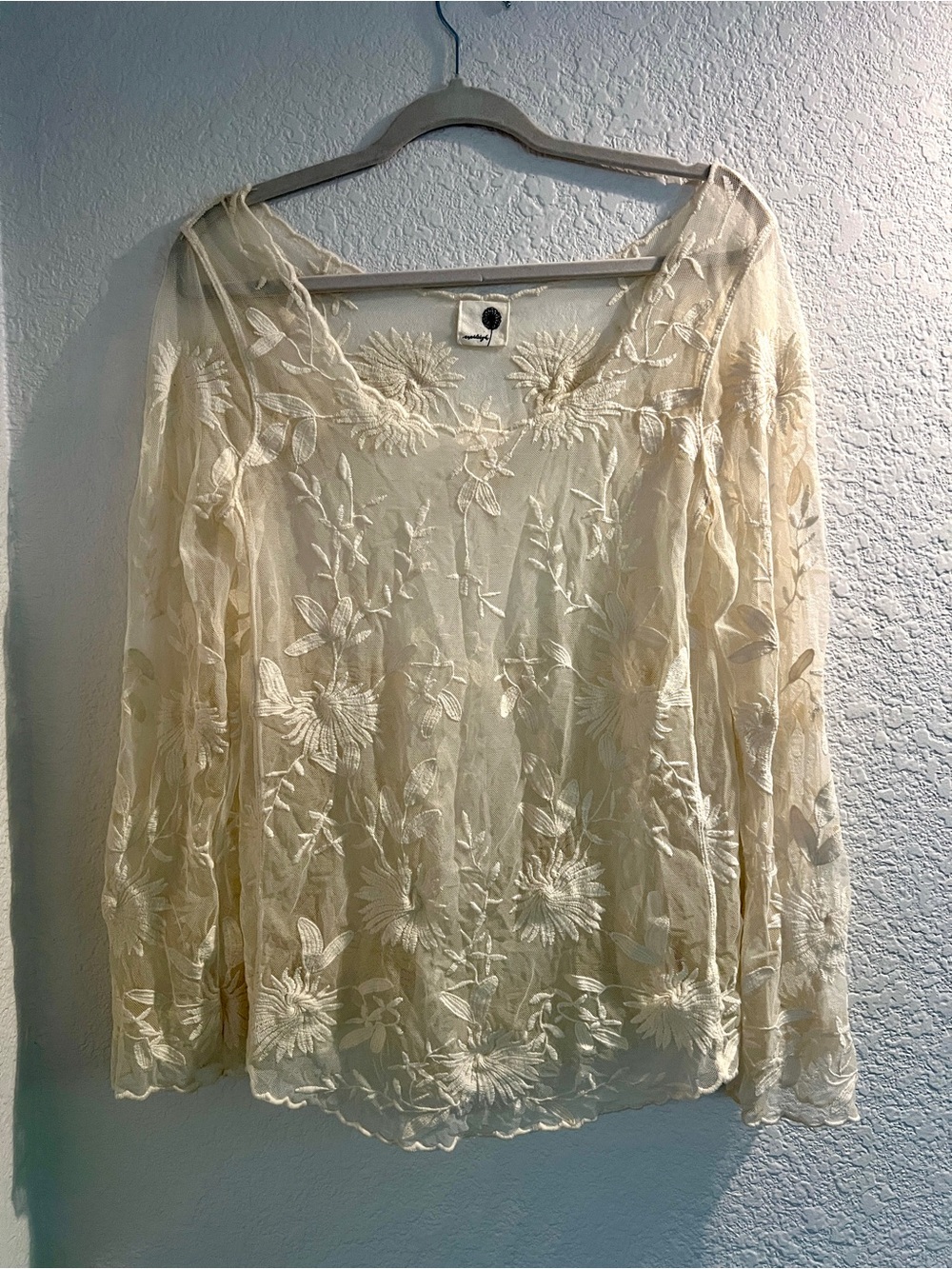 Everleigh Cream Floral Embroidered Mesh Sheer Top Medium